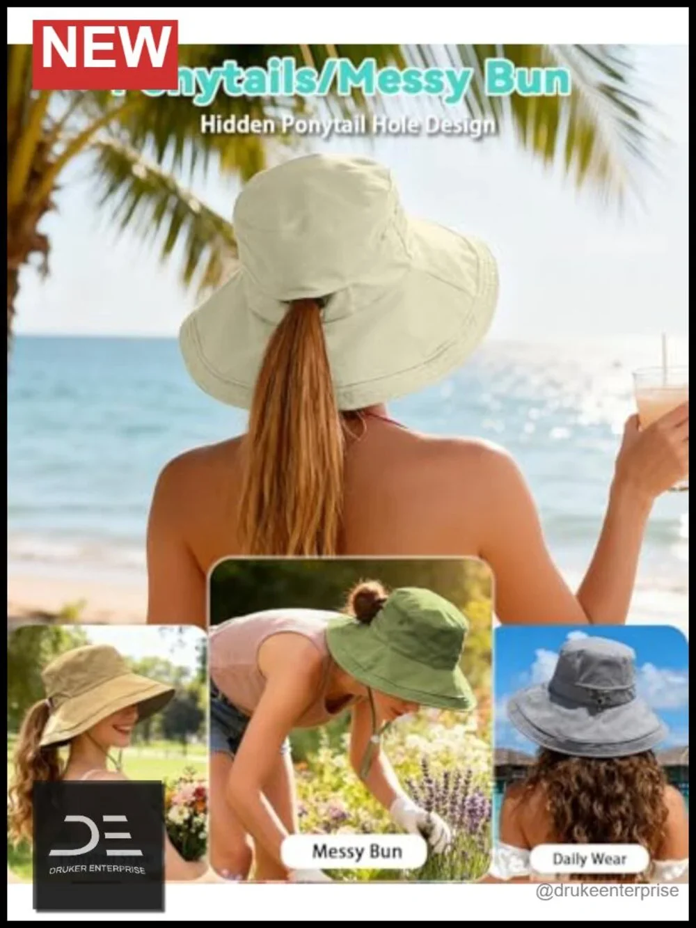 Women Sun Hat with Ponytail Hole Wide Brim UPF 50+ Water-Resistant Quick-Dry
